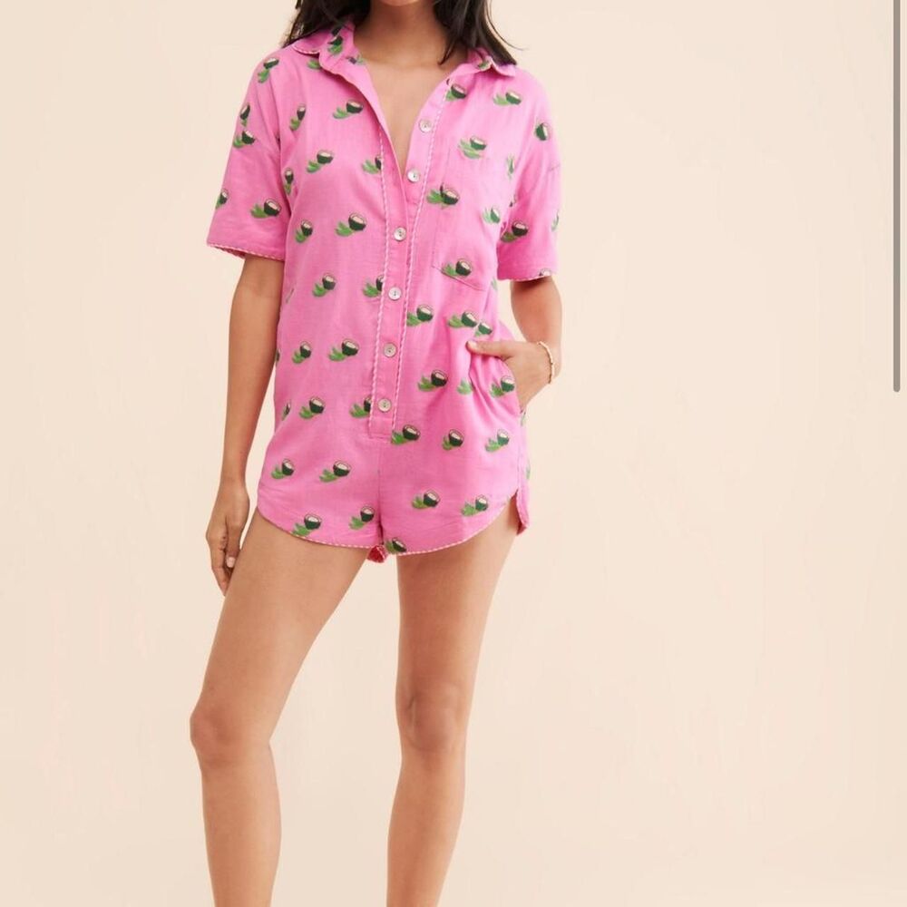 FARM RIO Pink Cross Stitch Coconut Embroidered Linen Romper XL